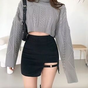 Black Tight Mini Skirt With Garter Flair